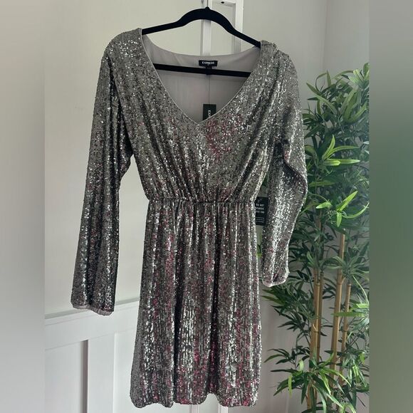 Express long sleeve silver sequin short dress with elastic waist - Picture 1 of 4